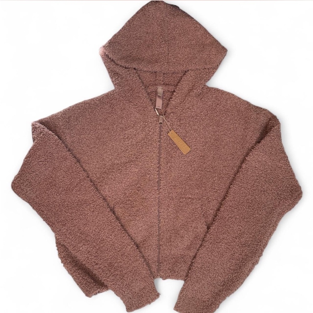 SKIMS Cozy Knit Bouclé Zip Up Hoodie in Rose Clay